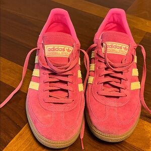 adidas Pink Suede Women’s Handball Spezial Sneakers with Cream Stripes, 10.5